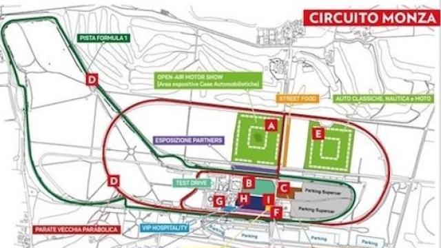La suddivisione degli spazi all’autodromo nazionale per il Milano-Monza