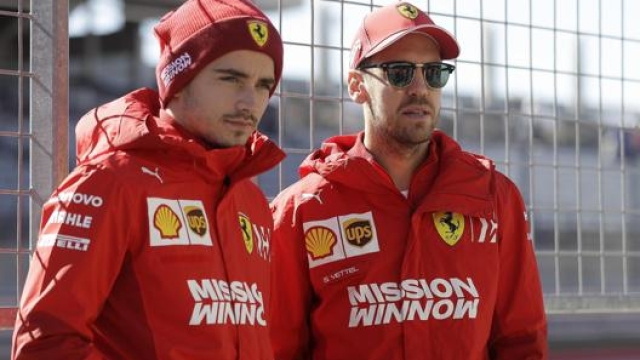 Da sin. Charles Leclerc e Sebastian Vettel, piloti Ferrari F.1. Ansa