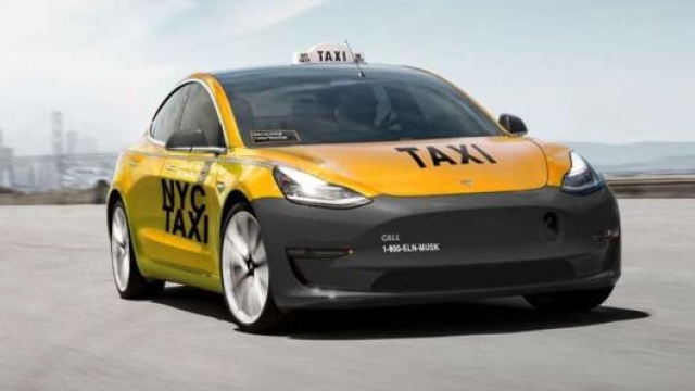 Una Tesla Model 3 in livrea taxi