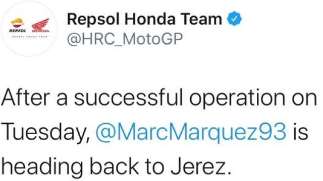 Il tweet con cui la Honda annuncia la presenza di Marquez a Jerez per il GP di Andalusia
