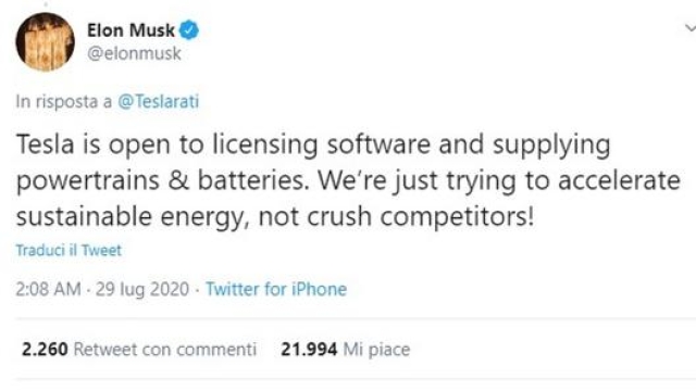 Il tweet di Elon Musk