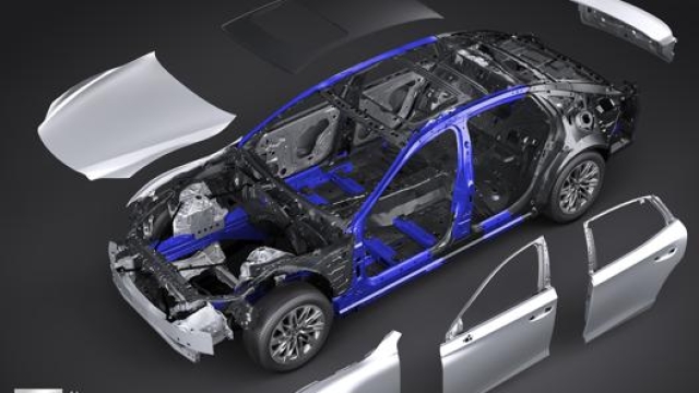 In grigio le parti in alluminio della Lexus LS, in blu l’acciaio ad alta resistenza, in nero acciaio