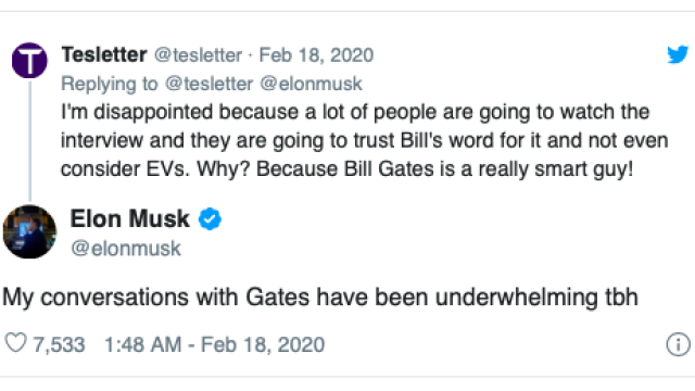 “Le mie conversazioni con Gates sono state piuttosto deludenti, ad essere onesti”: è il tweet di Elon Musk, punzecchiato sull’acquisto di una Taycan da parte di Gates