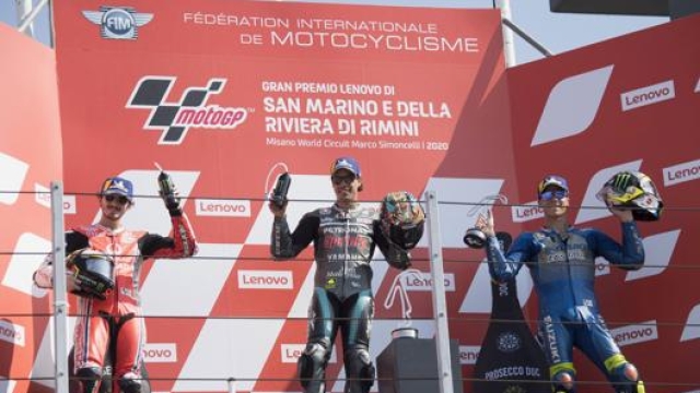 Il podio della MotoGP, con Morbidelli, Bagnaia e Mir. Getty