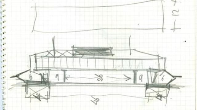 Dall’archivio Autogrill, uno degli schizzi a matita di Bianchetti nel progettare la struttura a ponte di Fiorenzuola d’Arda