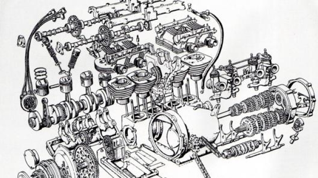 Il disegno di uno spaccato reale della Benelli 250 quattro cilindri