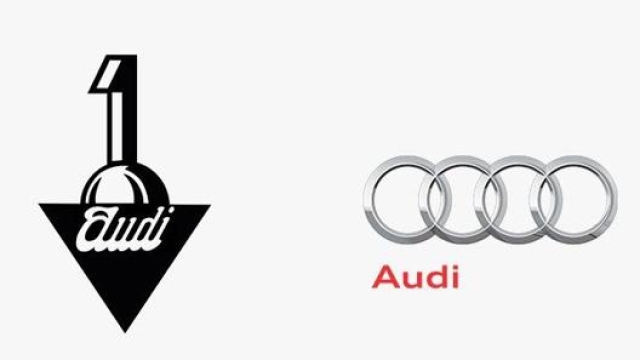 Il logo di Audi nel 1923, senza cerchi, e quello attuale