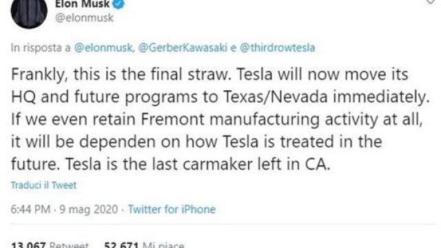 Il tweet nel quale Musk annuncia la volontà di trasgerire il quartier generale di tesla dalla California al Texas e al Nevada