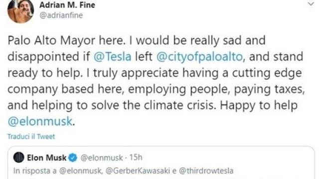 La risposta ad Elon Musk di Adrian M. Fine, sindaco di Palo Lato, arrivata via Twitter