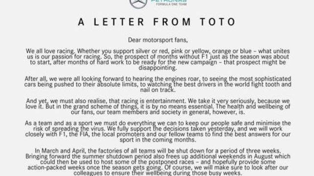 La lettera di Toto Wolff alla comunità della Formula 1