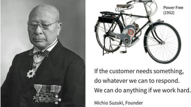 Il fondatore Michio Suzuki e una sua celebre frase: “Se il cliente ha bisogno di qualcosa, faremo tutto quello che possiamo per soddisfarlo. Se lavoriamo duramente, possiamo fare qualsiasi cosa”. In alto la prima bicicletta a motore dell’azienda giapponese, la Power Free del 1952