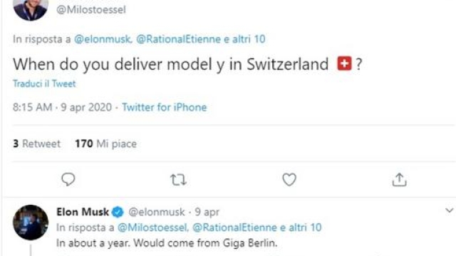 Il tweet con il quale Elon Musk ha risposto all’utente svizzero che chiedeva quando sarebbero inziate le consegne della Model Y in Svizzera