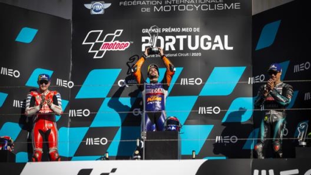 Il podio del GP di Portogallo: Miller, Oliveira, Morbidelli. Epa