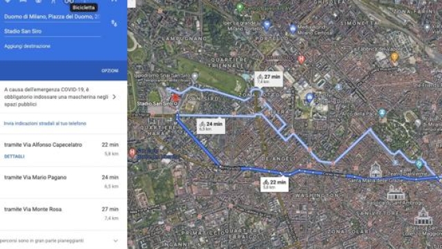 La visualizzazione del percorso da Milano Duomo a San Siro in modalità satellitare