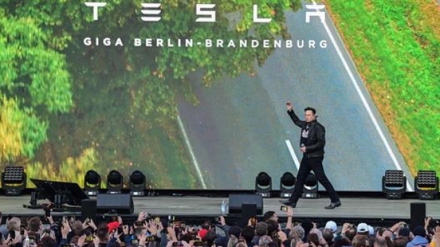 Elon Musk  all’inaugurazione   della Gigafactory di Gruenheide, presso Berlino.Afp