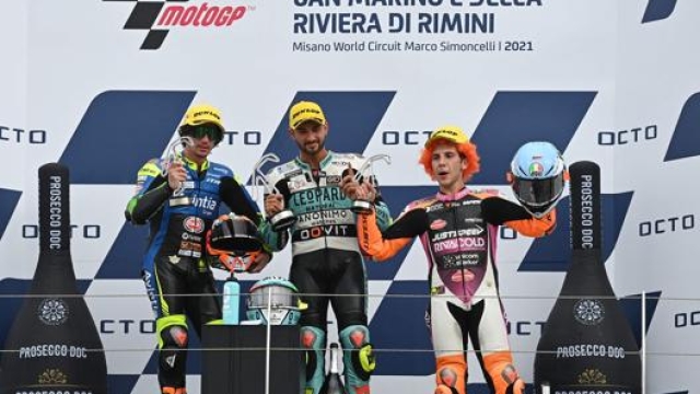Antonelli, Foggia e Migno sul podio della Moto3 a Misano. Afp