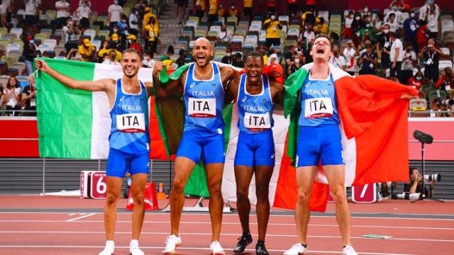 La squadra della staffetta, oro olimpico: Lorenzo Patta, 21 anni, Eseosa Desalu, 27, Marcell Jacobs, 26,  e Filippo Tortu, 23. GettyImgas