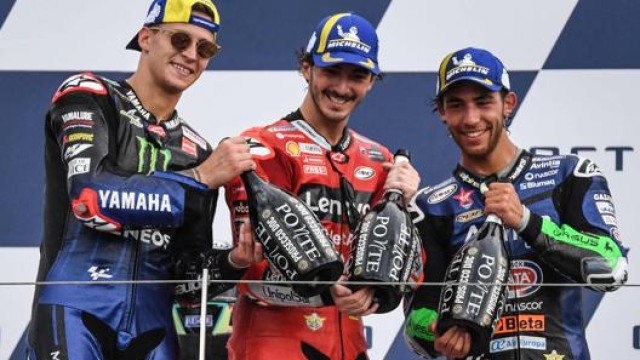 Quartararo, Bagnaia e Bastianini sul podio MotoGP di Misano. Afp