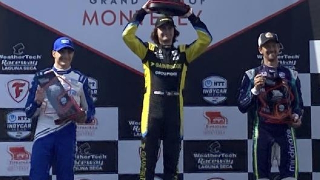 Il podio di Laguna Seca con Herta vincitore su Palou e Grosjean. Ap