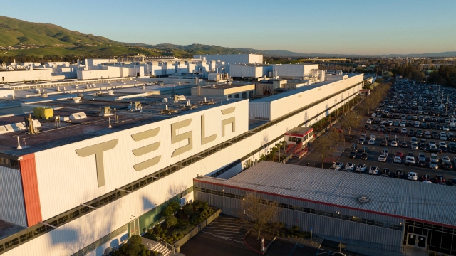 An aerial view shows the Tesla Fremont Factory in Fremont, California on February 10, 2022. - California has sued Telsa alleging discrimination and harassment against Black workers at the electric carmaker's San Francisco area factory, which the complaint called a "racially segregated workplace." (Photo by JOSH EDELSON / AFP)