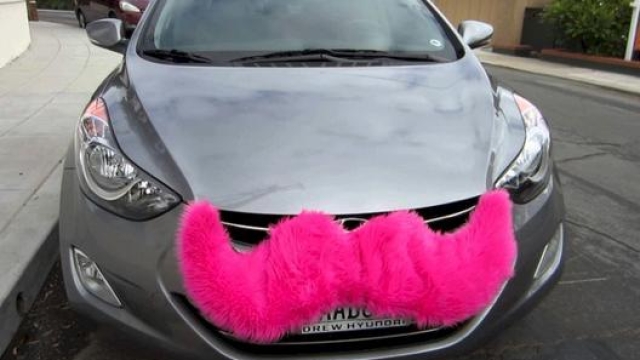 I carstache in peluche sono una sorta di baffi per auto (qui in rosa, ma ce ne sono di diversi colori)