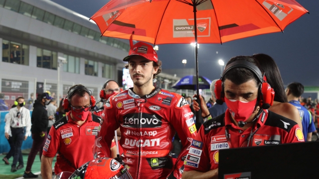 Ducati Lenovo Team's Italian rider Francesco Bagnaia stads on the starting line ahead of the Moto GP Grand Prix of Qatar at the Lusail International Circuit, in the city of Lusail on March 6, 2022. (Photo by KARIM JAAFAR / AFP)