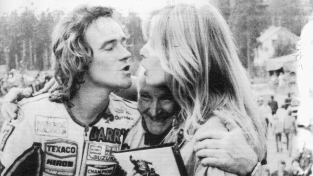 British former world 500 cc motorcycling champion Barry Sheene is seen in this file picture made in Donnington, England, in 1976. Sheene died Monday, March 10, 2003 in Australia after a battle with cancer of the throat and stomach, aged  52. Sheene won the World Motorcycle Championships twice in the 1970s and became famous for overcoming his numerous crashes on the track.   (AP Photo/PA)  **  UNITED KINGDOM OUT  NO SALES  MAGAZINES OUT   **