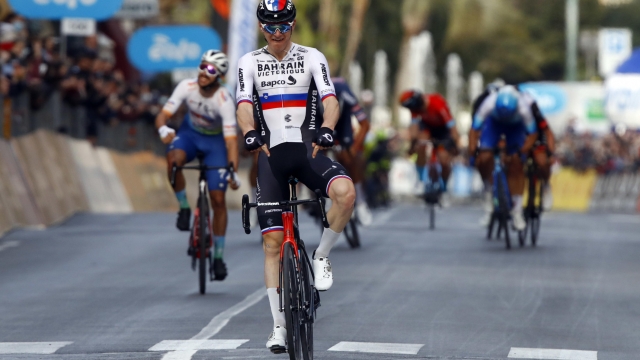 Slovenian rider Matej Mohoric, of team Bahrain Victorious, wins the, 113th edition of the Milano Sanremo cycling race, from Milano to Sanremo of 293 km, 19 March 2022. ANSA/ROBERTO BETTINI
