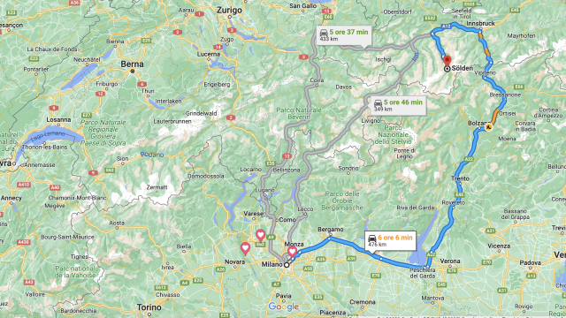 Passando per il Brennero, Milano è separata da Sölden da oltre 470 km