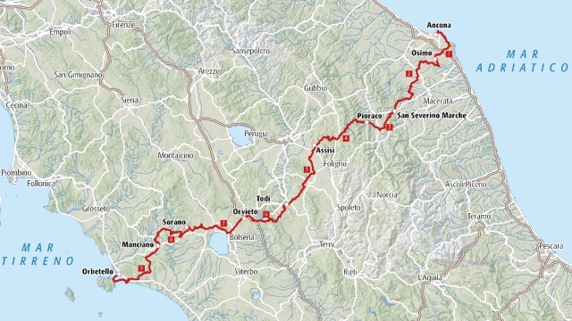 L'itinerario di Italia coast to coast da Ancona a Orbetello (Mappa di Terre di Mezzo Editore)