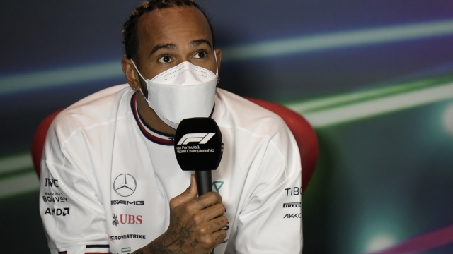 Mercedes driver Lewis Hamilton of Britain speaks during a press conference at the Jiddah corniche circuit in Jiddah, Saudi Arabia, Friday, March 25, 2022. (AP Photo/Hassan Ammar)
