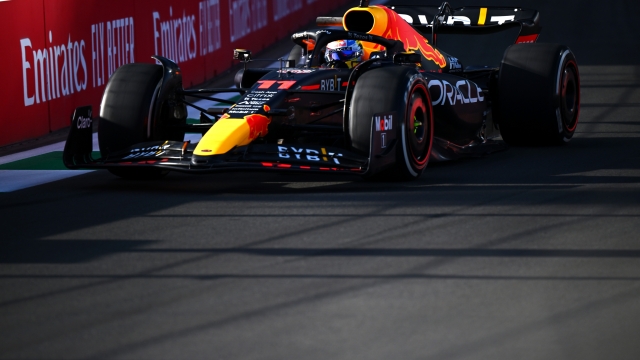 JEDDAH, SAUDI ARABIA - MARCH 25: Sergio Perez of Mexico driving the (11) Oracle Red Bull Racing RB18 on track during practice ahead of the F1 Grand Prix of Saudi Arabia at the Jeddah Corniche Circuit on March 25, 2022 in Jeddah, Saudi Arabia. (Photo by Clive Mason/Getty Images)