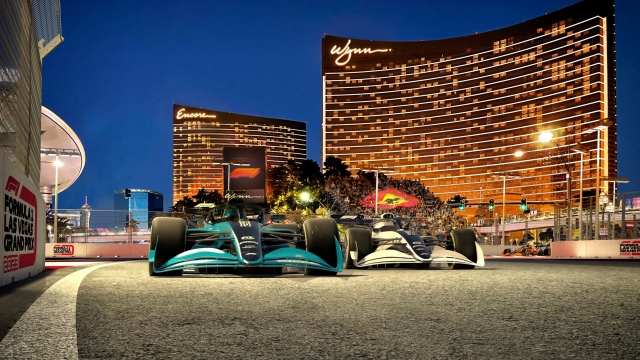 Un rendering delle F1 in azione a Las Vegas nel 2023