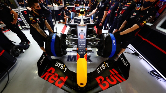 BAHRAIN, BAHRAIN - MARCH 19: The car of Max Verstappen of the Netherlands and Oracle Red Bull Racing is pictured in the garage during qualifying ahead of the F1 Grand Prix of Bahrain at Bahrain International Circuit on March 19, 2022 in Bahrain, Bahrain. (Photo by Mark Thompson/Getty Images)