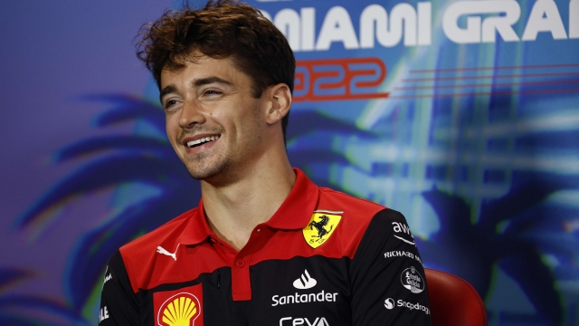 MIAMI, FLORIDA - MAY 06: Charles Leclerc of Monaco and Ferrari talks in the Drivers Press Conference prior to practice ahead of the F1 Grand Prix of Miami at the Miami International Autodrome on May 06, 2022 in Miami, Florida.   Jared C. Tilton/Getty Images/AFP == FOR NEWSPAPERS, INTERNET, TELCOS & TELEVISION USE ONLY ==