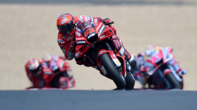 Ducati Lenovo Italian rider Francesco Bagnaia rides during the French Moto GP Grand Prix, at the Bugatti circuit in Le Mans, northwestern France, on May 15, 2022. (Photo by JEAN-FRANCOIS MONIER / AFP)