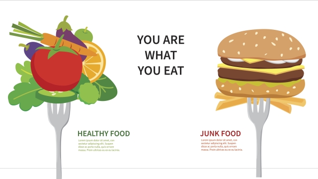 Food concept  you are what you eat. Choose between healthy food and junk food