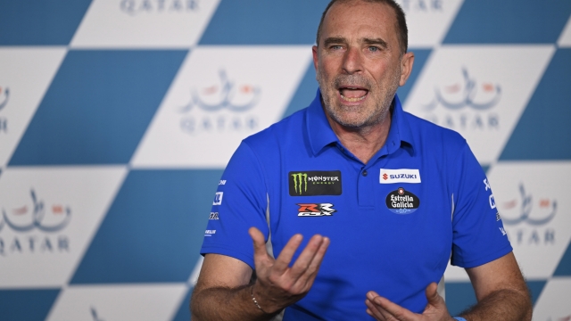 DOHA, QATAR - MARCH 03: Livio Suppo of Italy and Team Suzuki Ecstar speaks during the "Exceptional press conference with Livio Suppo, new Team Manager of Team Suzuki Ecstar" during the MotoGP of Qatar - Previews at Losail Circuit on March 03, 2022 in Doha, Qatar. (Photo by Mirco Lazzari gp/Getty Images,)