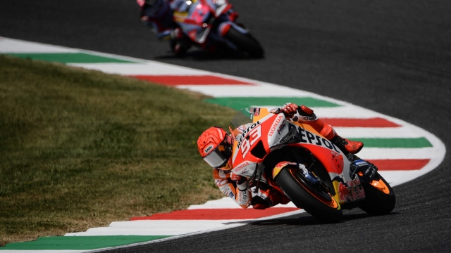 Repsol Honda Team Spain's Marc Marquez rides during a second free practice session ahead the Italian Moto GP Grand Prix at the Mugello race track, Tuscany, on May 27, 2022. (Photo by Filippo MONTEFORTE / AFP)