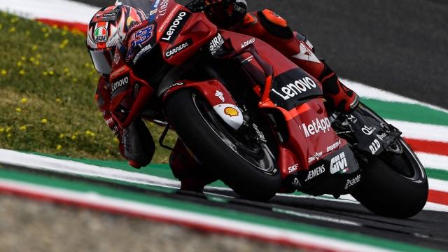 Ducati's Australian rider Jack Miller rides during a warm up session ahead the Italian Moto GP Grand Prix at the Mugello race track, Tuscany, on May 29, 2022. (Photo by Filippo MONTEFORTE / AFP)