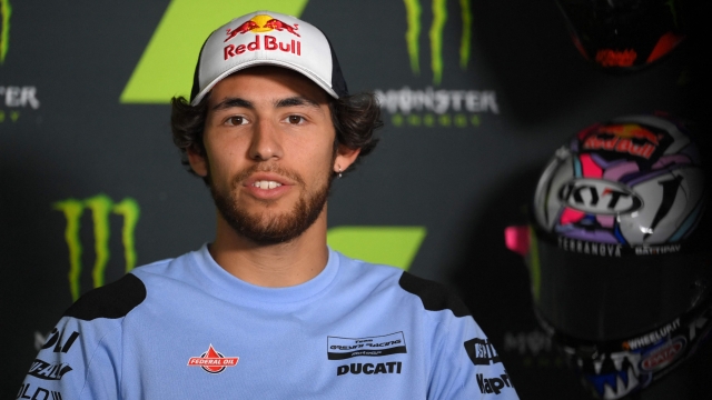 Ducati Gresini Italian rider Enea Bastianini attends a press conference ahead of the Moto Grand Prix de Catalunya at the Circuit de Catalunya on June 2, 2022 in Montmelo, on the outskirts of Barcelona. (Photo by LLUIS GENE / AFP)