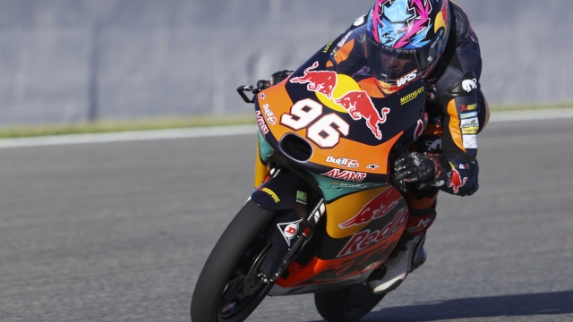 epa09918258 Moto3's Spanish rider Daniel Holgado (Red Bull KTM Ajo) during the second training free session celebrated at 'Angel Nieto' racetrack in Jerez de la Frontera, Cadiz, Andalusia, southern Spain, 30 April 2022. Spain's Motorcycling Gran Prix will be held on 01 May.  EPA/Roman Rios