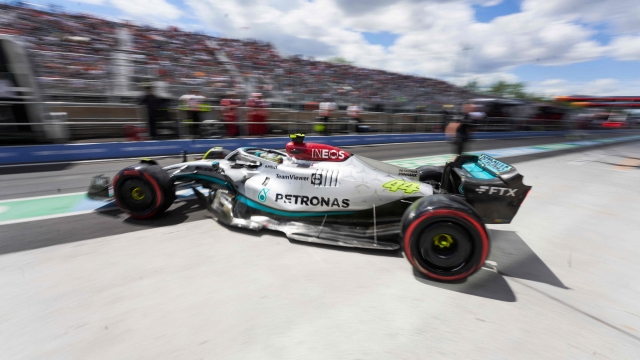 Mercedes' British driver Lewis Hamilton exits the pits during practice ahead of the F1 Grand Prix of Canada at Circuit Gilles Villeneuve on June 17, 2022 in Montreal, Quebec. (Photo by Geoff Robins / AFP)