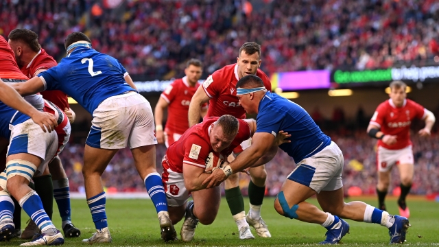 CARDIFF, WALES - MARCH 19: Dewi Lake of Wales goes over to score their sides second try during the Six Nations Rugby match between Wales and Italy at Principality Stadium on March 19, 2022 in Cardiff, Wales. (Photo by Stu Forster/Getty Images)
