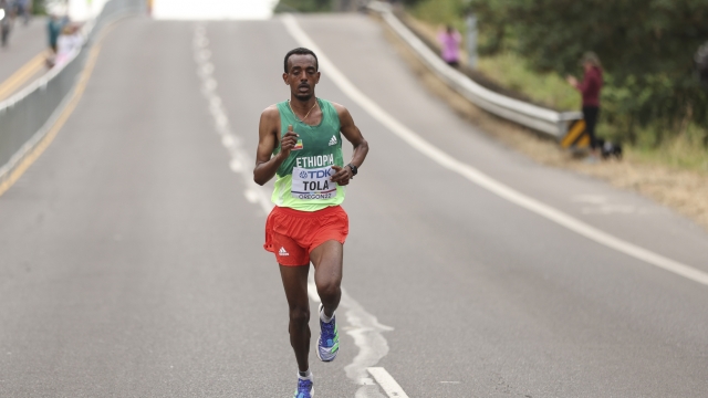 Tamirat Tola, of Ethiopia, competes during the men's marathon at the World Athletics Championships Sunday, July 17, 2022, in Eugene, Ore. (Patrick Smith/Pool Photo via AP)