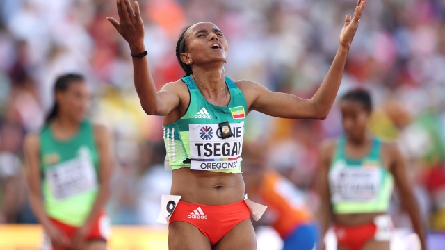 EUGENE, OREGON - JULY 23: Gudaf Tsegay of Team Ethiopia celebrates winning gold in the Women's 5000m Final on day nine of the World Athletics Championships Oregon22 at Hayward Field on July 23, 2022 in Eugene, Oregon.   Christian Petersen/Getty Images/AFP
== FOR NEWSPAPERS, INTERNET, TELCOS & TELEVISION USE ONLY ==