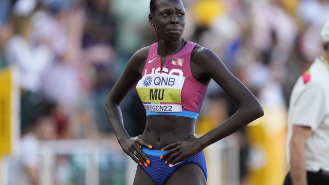 Athing Mu, of the United States, reacts after the final in the women's 800-meter run at the World Athletics Championships on Sunday, July 24, 2022, in Eugene, Ore. (AP Photo/Ashley Landis)