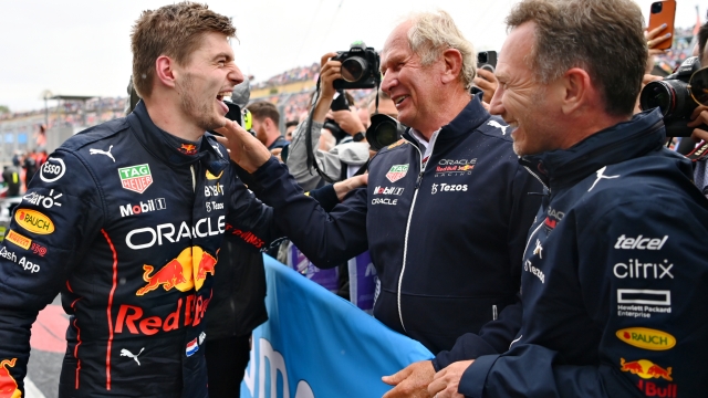 BUDAPEST, HUNGARY - JULY 31: Race winner Max Verstappen of the Netherlands and Oracle Red Bull Racing celebrates with Red Bull Racing Team Principal Christian Horner and Red Bull Racing Team Consultant Dr Helmut Marko in parc ferme during the F1 Grand Prix of Hungary at Hungaroring on July 31, 2022 in Budapest, Hungary. (Photo by Dan Mullan/Getty Images)