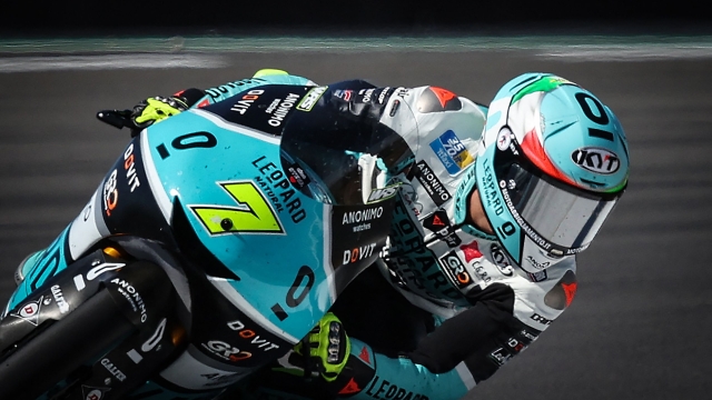 Leopard racing Italian rider Dennis Foggia competes during the Moto 3 race as part of the Moto GP race of the British Grand Prix at Silverstone circuit in Northamptonshire, central England, on August 7, 2022. (Photo by Adrian DENNIS / AFP)