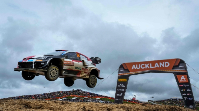 Finland's Kalle Rovanpera and his co-driver Jonne Halttunen drive their Gr Yaris Rally 1 Hybrid during SS15 of the Rally New Zealand, the 11th round of the FIA World Rally Championship, at Jack Ridge in the outskits of Auckland on October 2, 2022. (Photo by John COWPLAND / AFP)
